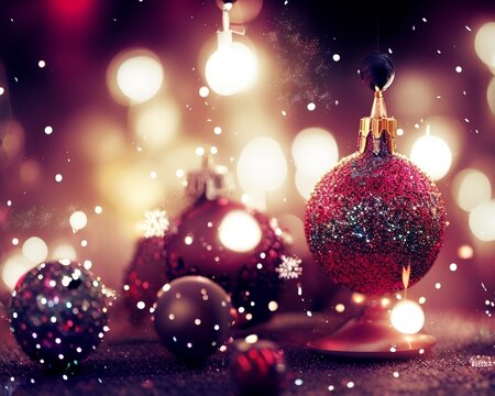 Colorful Christmas background, Christmas balls, garlands, Christmas tree, blurred background, bokeh