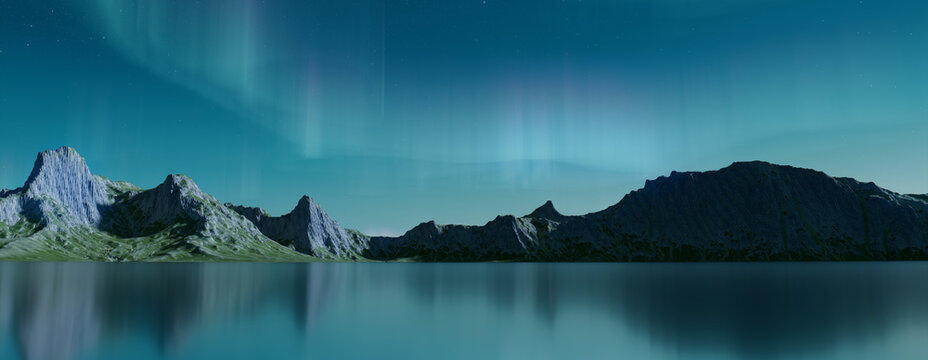 Blue Aurora Sky over Rocky Mountains. Beautiful Northern Lights Banner with copy-space.