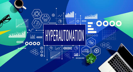 Hyperautomation theme with a laptop computer on a blue and green pattern background