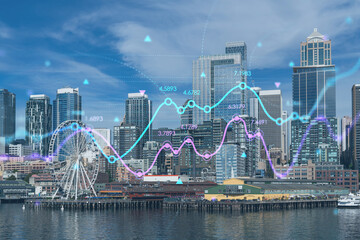 Obraz na płótnie Canvas Seattle skyline with waterfront view. Skyscrapers of financial downtown at day time, Washington, USA. Forex graph hologram. The concept of internet trading, brokerage and fundamental analysis