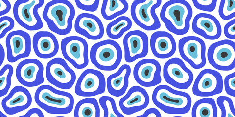 Evil eye drawing seamless pattern illustration in trendy psychedelic style. Traditional protection amulet background, melting blue eyes print design. - obrazy, fototapety, plakaty