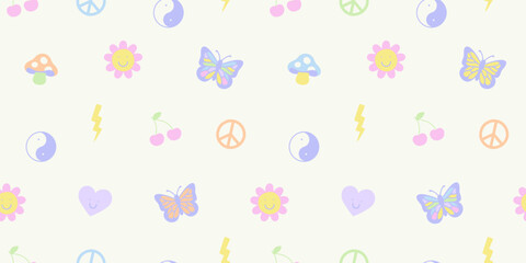 Retro vintage seamless pattern illustration in trendy 90s art style. Soft pastel color y2k background print with cute sticker decoration. Includes butterfly, flower and love heart cartoon.