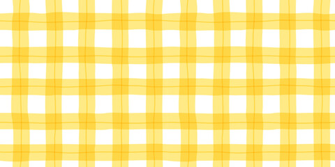 Yellow geometric grid line seamless pattern. Retro table cloth plaid style background. Traditional gingham tartan fabric texture illustration.