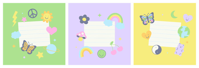Set of retro sticker in trendy 90s art style with empty white paper frame. Soft pastel color template collection with cute vintage decoration. Includes rainbow, butterfly, flower and love heart.