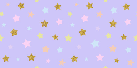 Cute colorful retro star seamless pattern illustration with gold glitter sticker. Trendy 90s style background design. Vintage y2k wallpaper art print.