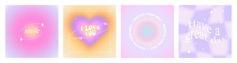 Set of trendy blur gradient illustration with positive happy quote and motivational love text. Vintage y2k pastel color banner collection for social media post. Minimalist blurred abstract poster.