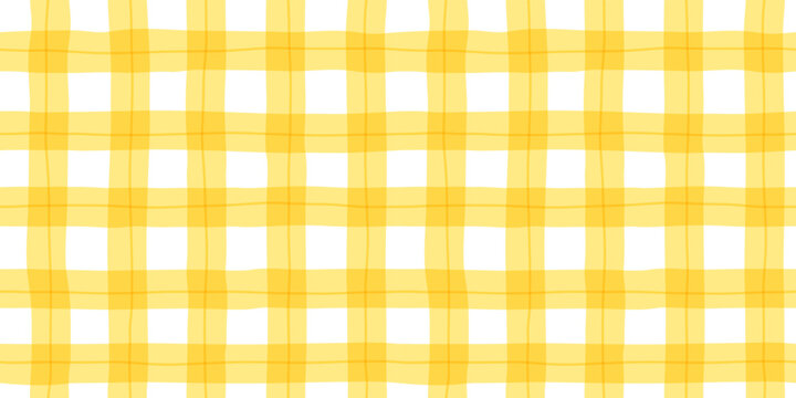 Yellow geometric grid line seamless pattern. Retro table cloth plaid style background. Traditional gingham tartan fabric texture illustration.