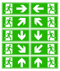 emergency exit sign set bundle silhouette man running on the door arrow icon green color collection
