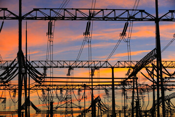 High voltage power grid, in the sunset
