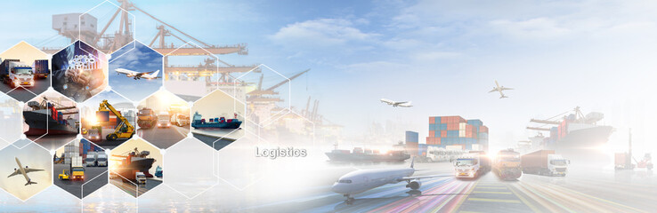 Smart logistics and transportation Concept, Transportation and logistic network distribution growth. Container cargo ship and trucks of industrial cargo freight for import export industrail background - obrazy, fototapety, plakaty