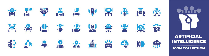 Artificial intelligence icon collection. Vector illustration. Containing robot, lawnmower, specification, nanobot, machine learning, brain, drone, human resources, intellect, robot arm, rob, and more.