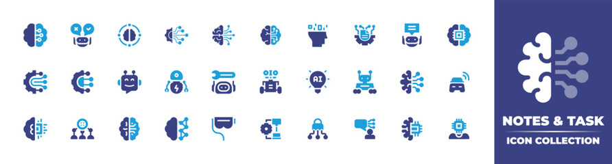 Artificial intelligence icon collection. Vector illustration. Containing artificial intelligence, ai, decision, brain, maintenance, robot, bot, connection, virtual reality, assistant, machi, and more. - obrazy, fototapety, plakaty