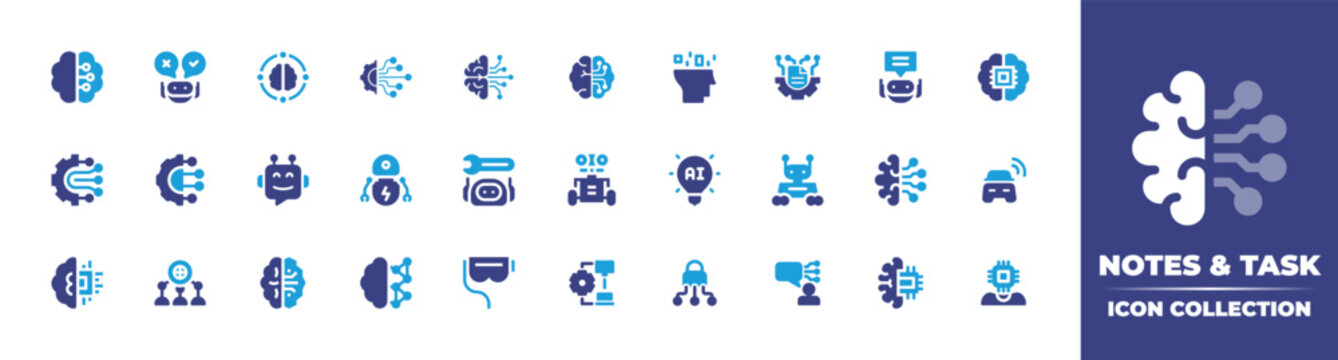 Artificial intelligence icon collection. Vector illustration. Containing artificial intelligence, ai, decision, brain, maintenance, robot, bot, connection, virtual reality, assistant, machi, and more.