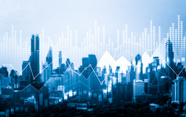 Fototapeta na wymiar Stock market business concept. Financial graphs and digital indicators with modernistic urban area and skyscrapers as background. Double Exposure.