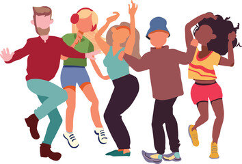 Group young happy dancing people male and female 
 isolated on transparent png background eps. Fashionable with colorful clothes for dance party illustration vector