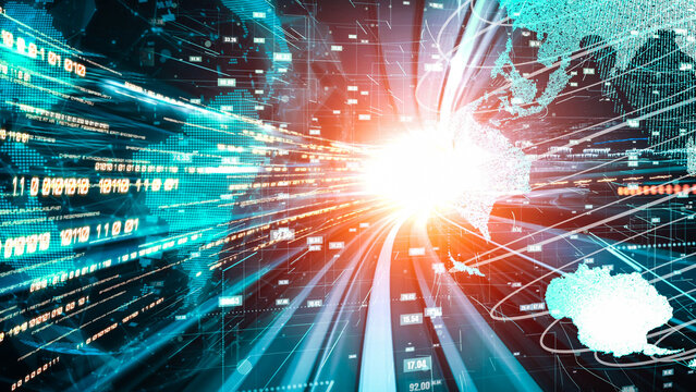 Futuristic global network and tacit digital data transfer 3D graphic . Concept of smart digital transformation and technology disruption that changes global trends in new information era .