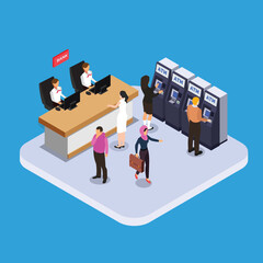 Workers and clients in bank office with ATM machines isometric 3d vector illustration concept for banner, website, illustration, landing page, flyer, etc.