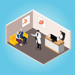 Old couple waiting in Clinic reception isometric 3d vector illustration concept for banner, website, illustration, landing page, flyer, etc.