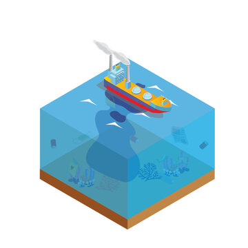 Ecological disaster in the ocean, oil leakage from the ship tanker isometric 3d vector illustration concept for banner, website, illustration, landing page, flyer, etc.