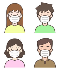 全員マスクをしている家族、人物セット
