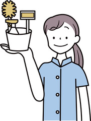 クリーニング用品を持つアジア人女性清掃員のイラスト素材