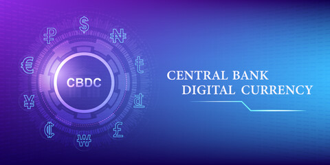 Central bank digital currency CBDC, futuristic digital currency on tech color background. It uses blockchain technology to create a new, simpler and more cost-effective payment method. EPS10vector.

 - obrazy, fototapety, plakaty