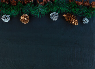 Border of Christmas fir tip tree branches and silver gold pine cones on dark stone setting