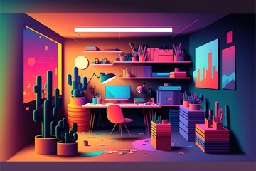 Retro Vaporwave office illustration. Web and Material Graphic Design.