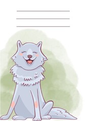 A page for a glider with a forest animal. Watercolor wolf.