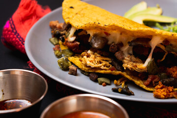 Quesadilla with meat and cheese, Mexican food.