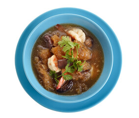 Maw stewed in gravy, red shrimp in a bowl on white background