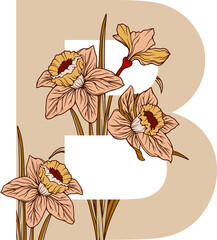 Vintage flower & leaf alphabet numeric initial botanical for Wedding invitations, greeting card, logo, isolated white background