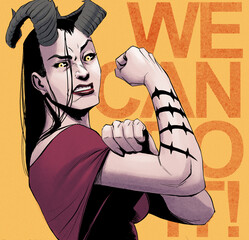 woman with horns referencing feminism - obrazy, fototapety, plakaty