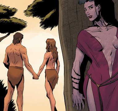 female demon watching adam and eve