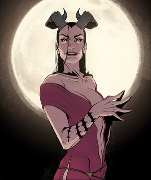 demonic woman with horns and the full moon behind