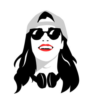 portrait of a beautiful girl with long hair and wearing a backwards hat, glasses and headphones around her neck. happy laugh. vector design. silhouette. isolated white background.