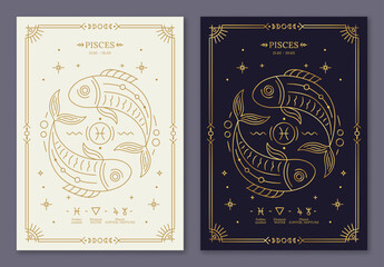 Pisces zodiac horoscope golden signs on dark navy and white cards set. Stylized Fishes symbols of zodiacal astrological calendar, horoscope constellation, cover design thin line vector illustration