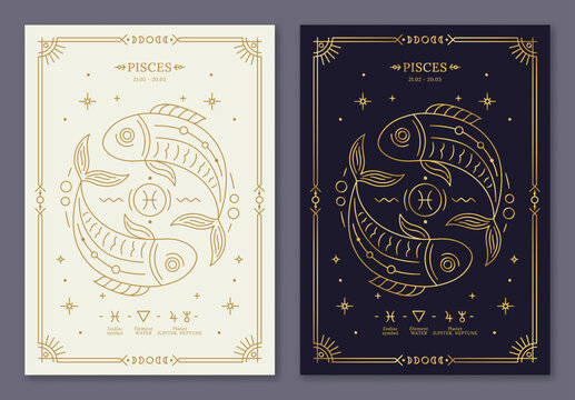 Pisces zodiac horoscope golden signs on dark navy and white cards set. Stylized Fishes symbols of zodiacal astrological calendar, horoscope constellation, cover design thin line vector illustration