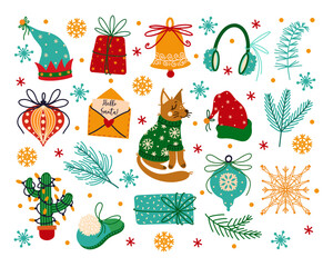 Merry Christmas and happy New Year vector icons set. Winter holiday symbols - gifts, bell, tree, letter to Santa Claus, cute fox, snowflake, hats of elf helpers. Flat cartoon clipart for prints, cards
