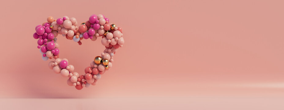 Multicolored Balloon Love Heart. Pink, Orange and Gold Balloons arranged in a heart shape. 3D Render with copy-space. 
