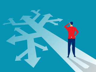 Businessman Standing on the Crossroads for Decision Which Way at arrows pointing to many directions.  vector illustration.