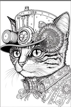 steampunk cat coloring page, generated image