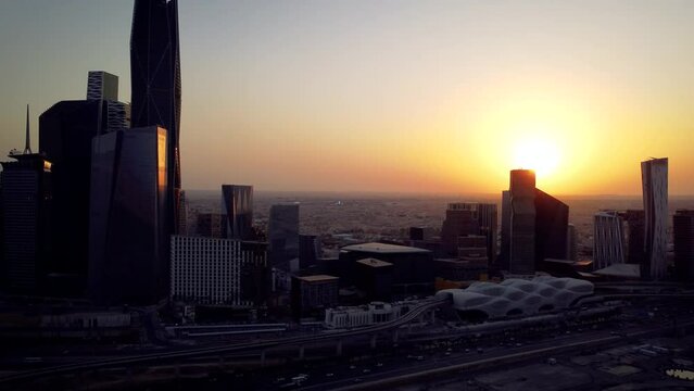 King Abdullah&rsquo;s Financial district. KAFD Metro Station . Sunset of the iconic financial city and skyline of Riad City in Saudi Arabia.
