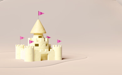 3d castle plasticine isolated on brown background. towers, fort clay toy icon concept, 3d illustration render