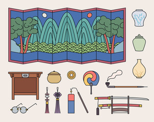 A collection of Korean traditional objects. Interior items to decorate the room.