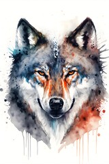 This abstract illustration features a wolf standing in a pool of ink droplets. The wolf is surrounded by a halo of color, representing the strength and courage of the animal