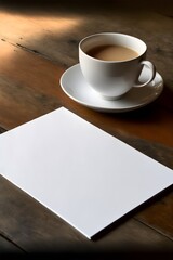 Obraz na płótnie Canvas This image depicts a simple wooden table with a white A4 paper on top. A steaming cup of coffee is also present, providing a cozy atmosphere for the viewer