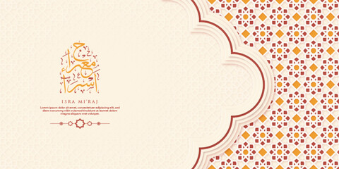 Isra Miraj Greeting Card with Calligraphy and Ornament Premium Vector