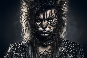 A realistic illustration of a rockstar man cat using a leather jacket.