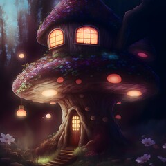 his illustration depicts a cozy mushroom house nestled in a lush forest at night. The soft glow of the windows illuminates the surrounding trees and beckons one to come closer and explore